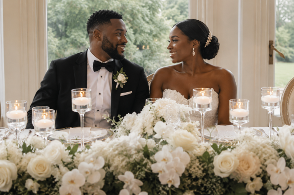 Couple smiling at each other at wedding reception table with white floral arrangements and candles