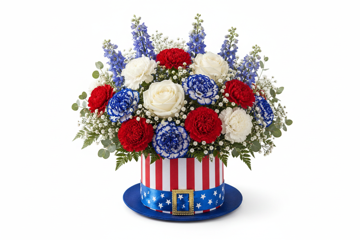 The Firecracker patriotic floral arrangement in Uncle Sam hat container with red white and blue flowers on white background