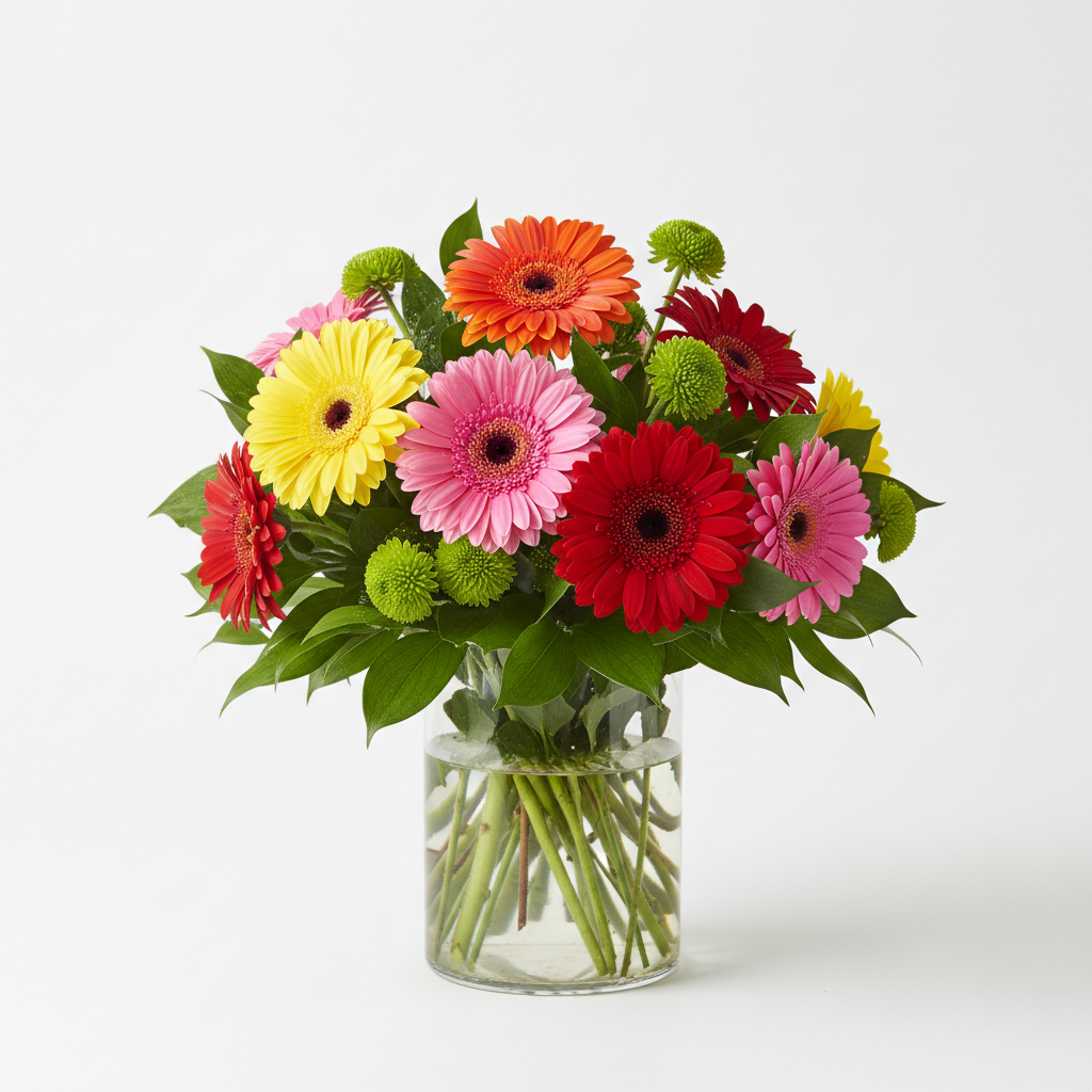 Make Her Day natural gerbera daisy and green button pom arrangement in a clear vase by Colour Me Floral Shoppe