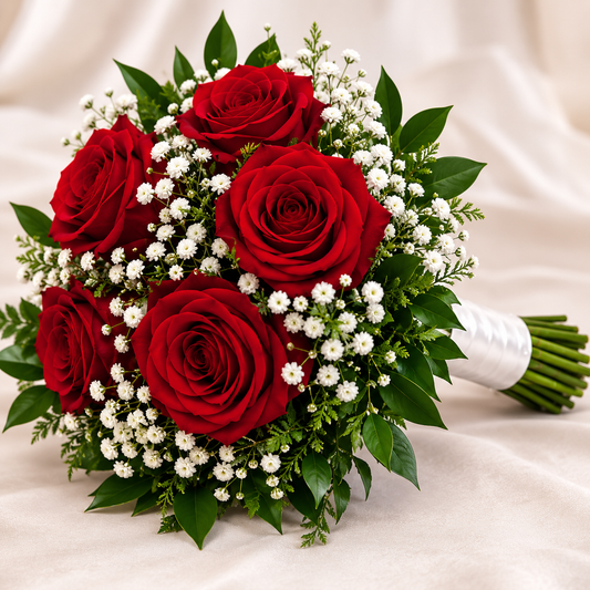 Red roses and baby's breath bridal bouquet