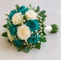 Teal and white rose bouquet