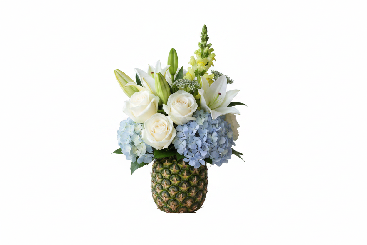 Pineapple Express with white roses, lilies and blue hydrangea by Colour Me Floral Shoppe