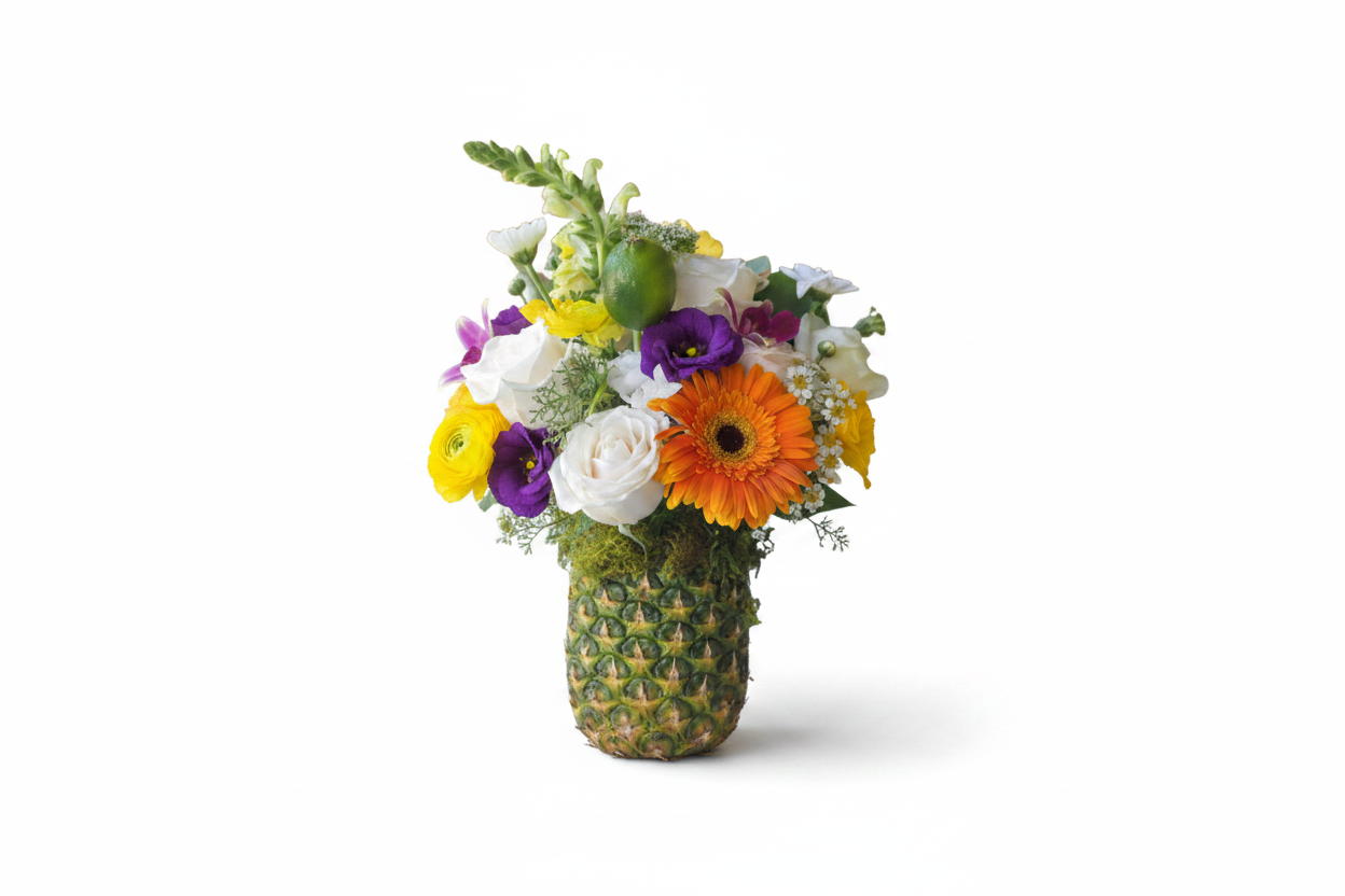 Pineapple Express with mixed wildflowers in yellow, orange, purple and pink by Colour Me Floral Shoppe