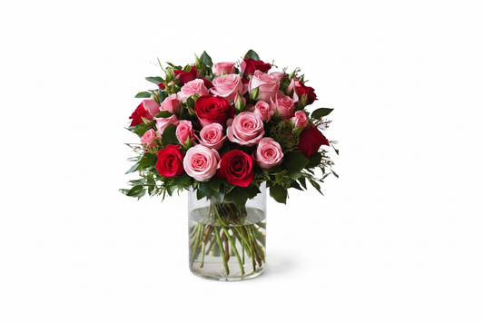 Valentina petite red and pink rose arrangement with green filler in a clear glass vase by Colour Me Floral Shoppe