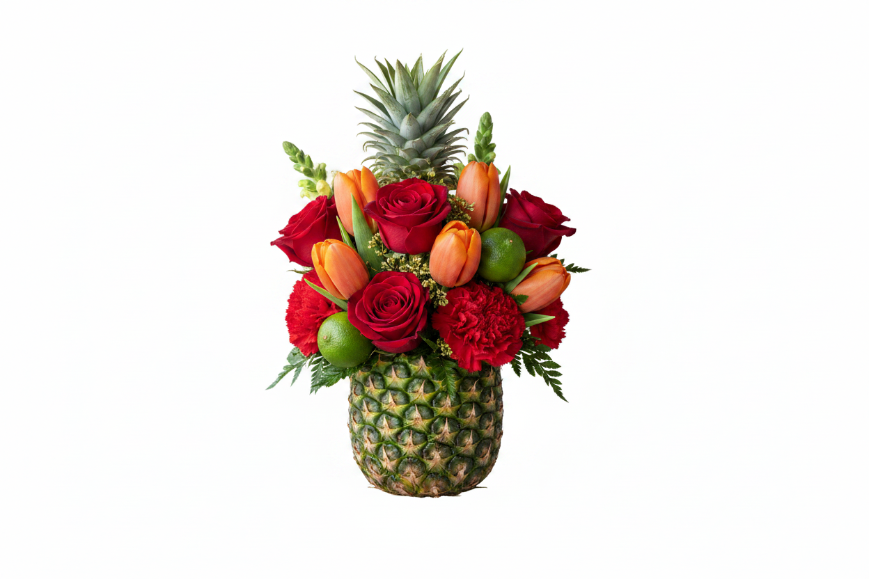 Pineapple Express with red roses, orange tulips and carnations by Colour Me Floral Shoppe