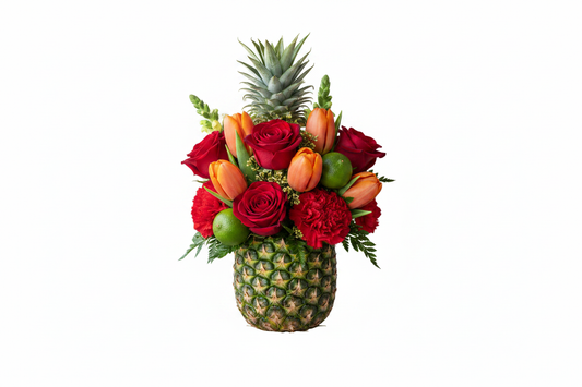 Pineapple Express with red roses, orange tulips and carnations by Colour Me Floral Shoppe