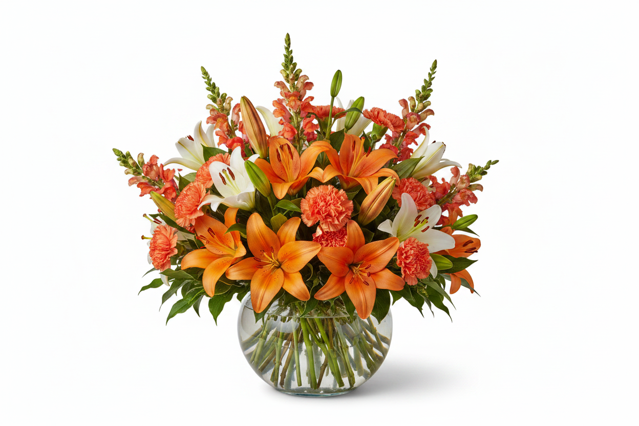 Lily Love full and lush bouquet with orange lilies, carnations and snapdragons in a clear vase by Colour Me Floral Shoppe