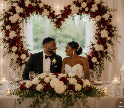 Couple at wedding reception table with stunning red and white floral arch and matching table arrangements