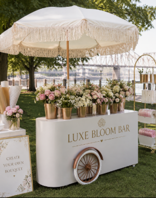 Luxe Bloom Bar flower cart with gold buckets, fresh florals, and fringed umbrella at an outdoor wedding event