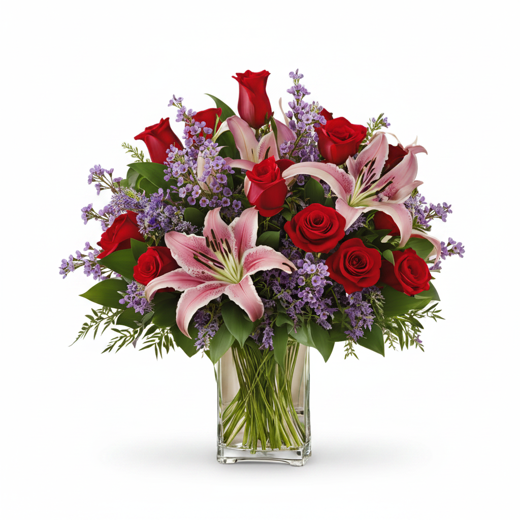 Lavender Love red rose, lily and purple filler floral arrangement in a clear vase by Colour Me Floral Shoppe