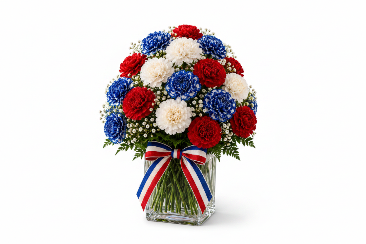 Star-Spangled Blooms patriotic red white and blue carnation arrangement in clear glass vase with striped ribbon on white background