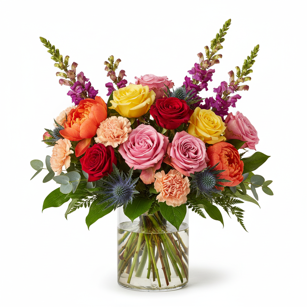 Designer's Choice elegant floral arrangement with roses, peonies, snapdragons and carnations by Colour Me Floral Shoppe