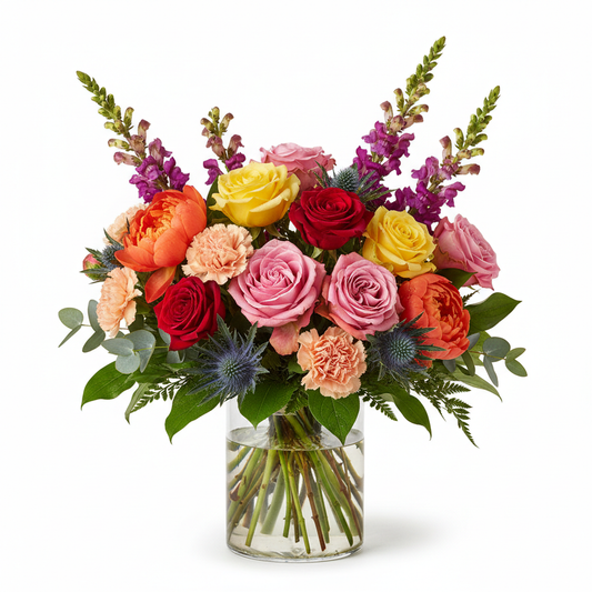 Designer's Choice elegant floral arrangement with roses, peonies, snapdragons and carnations by Colour Me Floral Shoppe