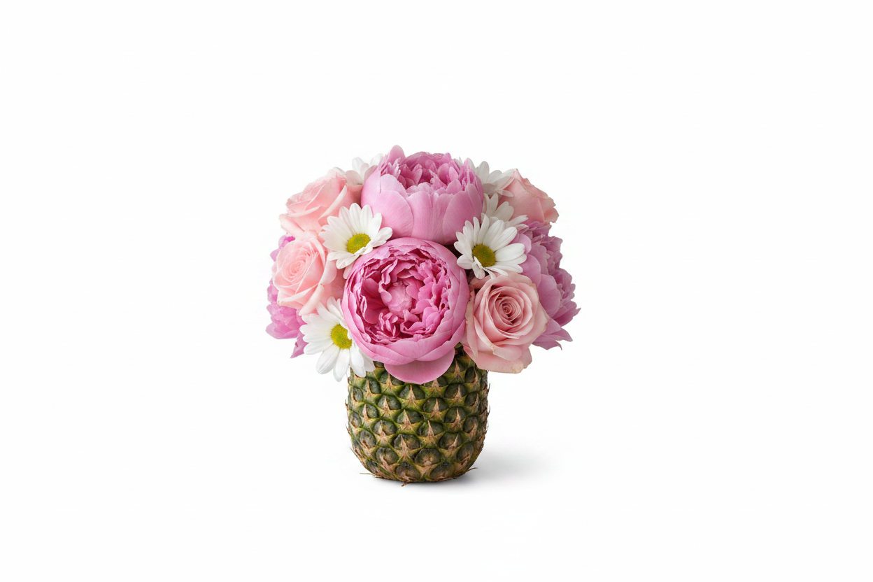 Pineapple Express with pink roses, peonies and white daisies by Colour Me Floral Shoppe
