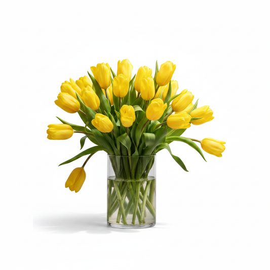 Realistic yellow tulip floral arrangement in a clear vase by Colour Me Floral Shoppe