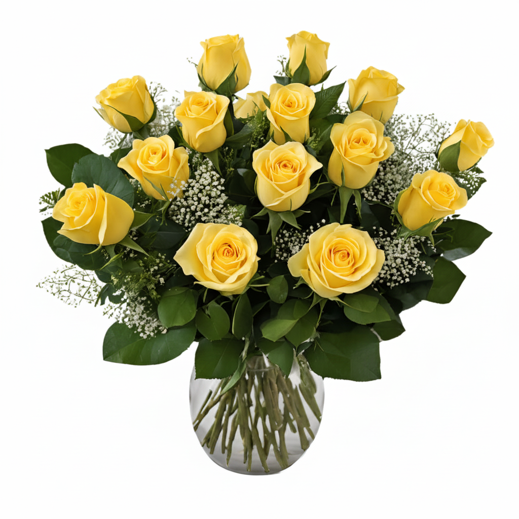 Sunshine yellow rose bouquet with baby's breath in a clear glass vase
