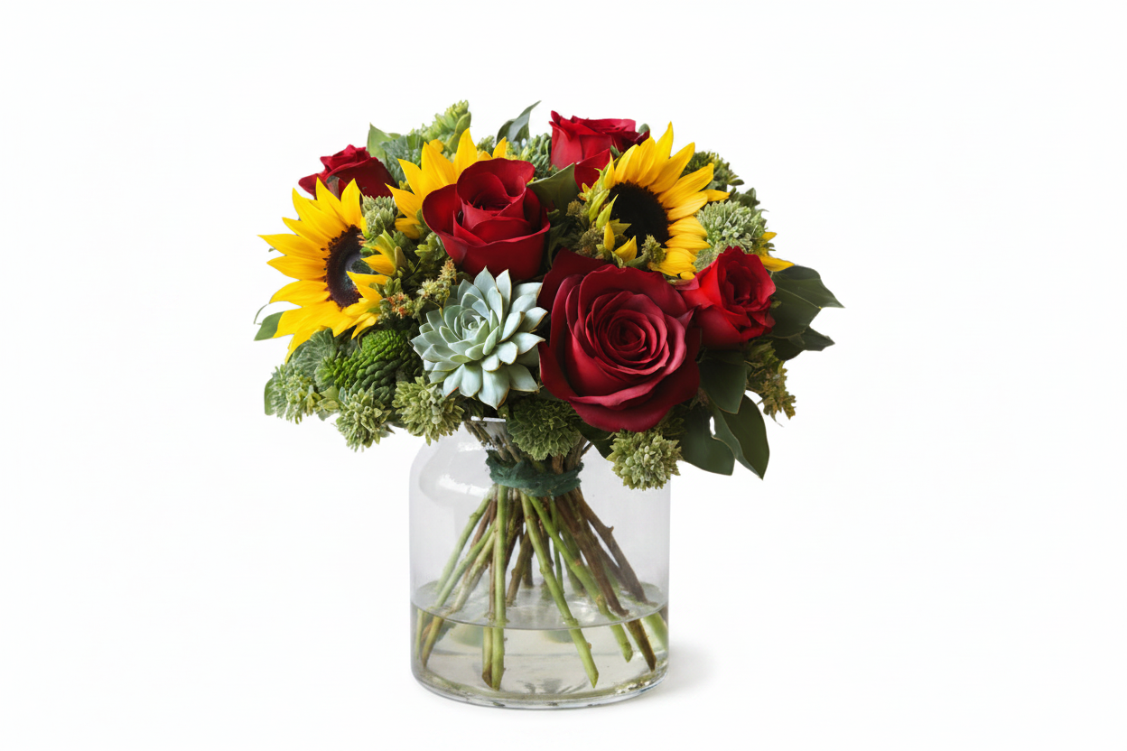 Bold & Beautiful floral arrangement with sunflowers, red roses, green poms and a succulent in a clear glass vase by Colour Me Floral Shoppe