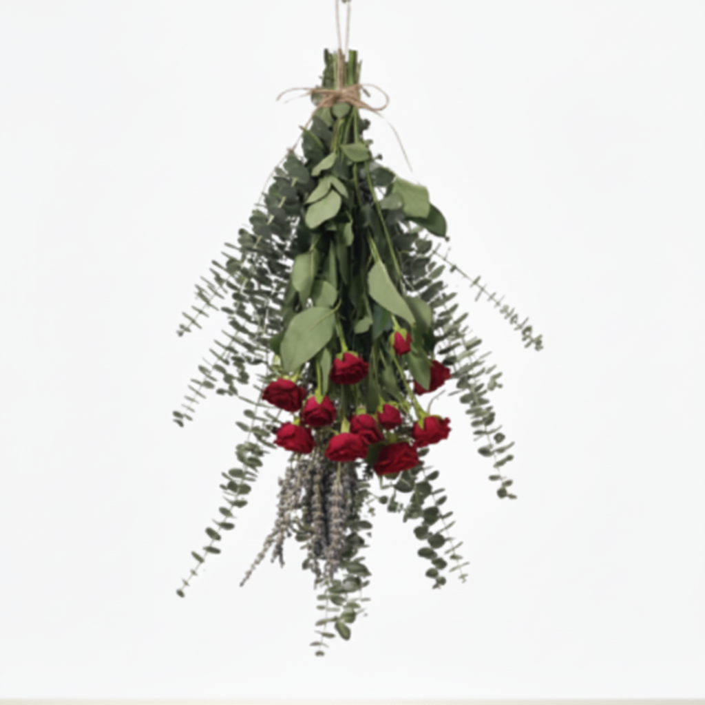 Hanging red roses and eucalyptus bundle arrangement