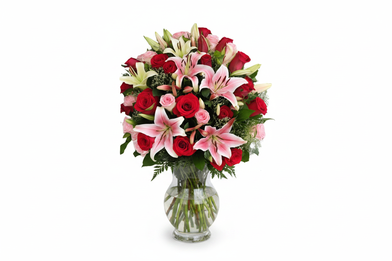 Blooming Romance pink lilies, red roses and white lilies in a clear glass vase by Colour Me Floral Shoppe