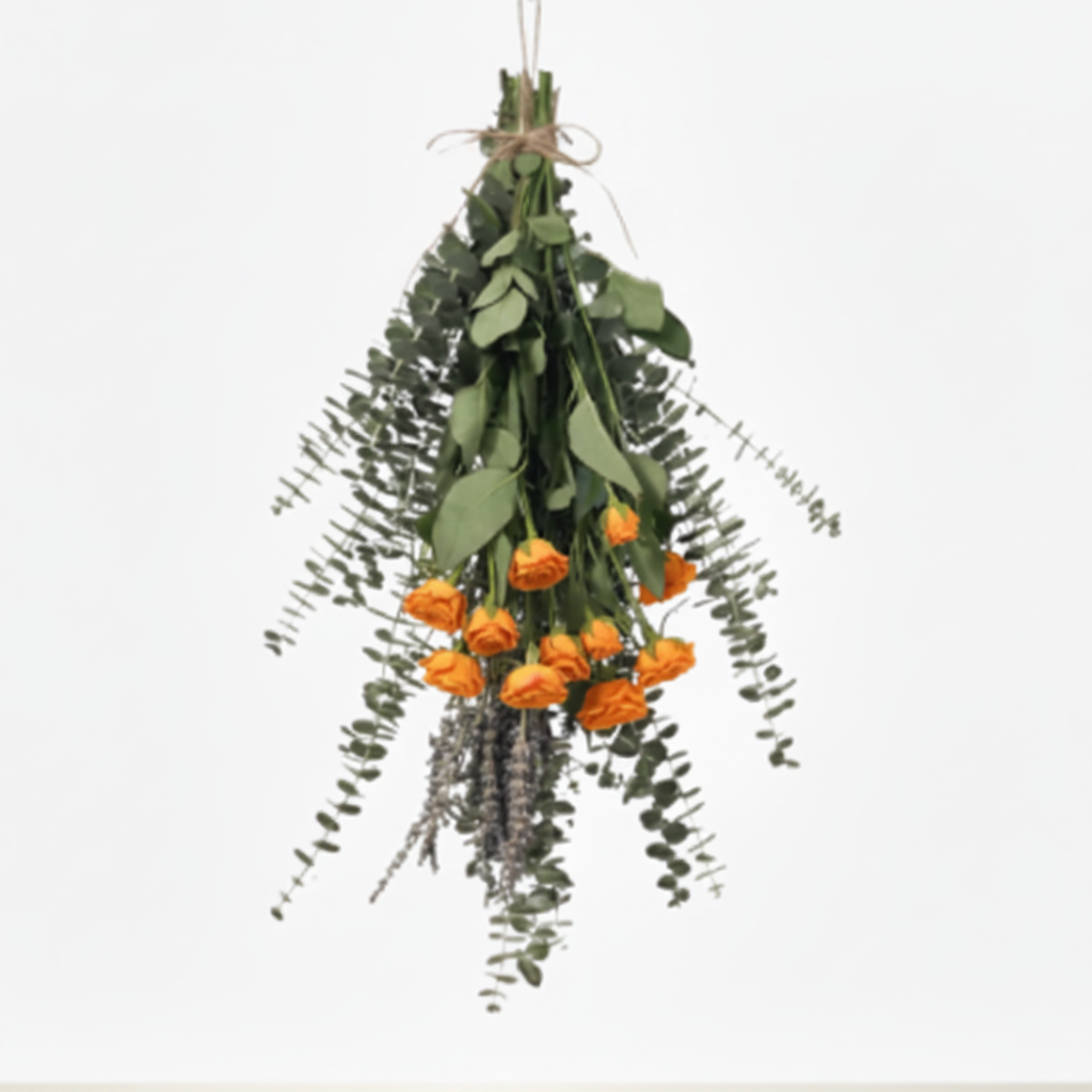 Hanging orange roses and eucalyptus bundle arrangement