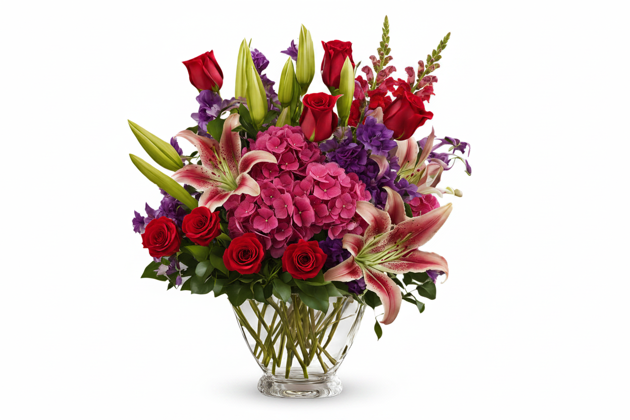 Colourful Surprise bouquet with red roses, pink hydrangea, snapdragons and lilies in a clear vase by Colour Me Floral Shoppe