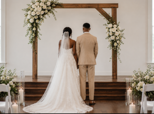 Bride and groom standing at a floral arch altar with white roses and greenery, candles lining the aisle