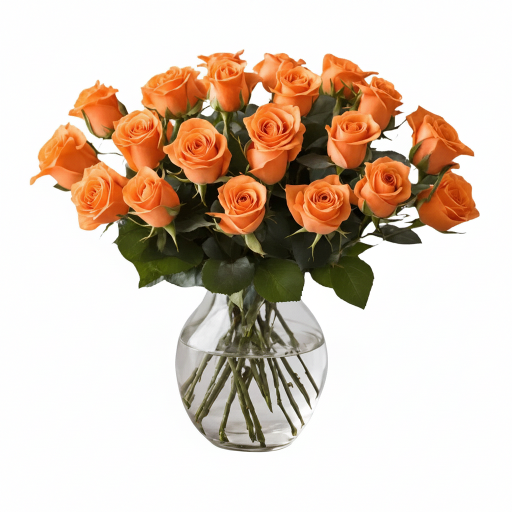 Tangerine orange rose bouquet in a clear glass vase